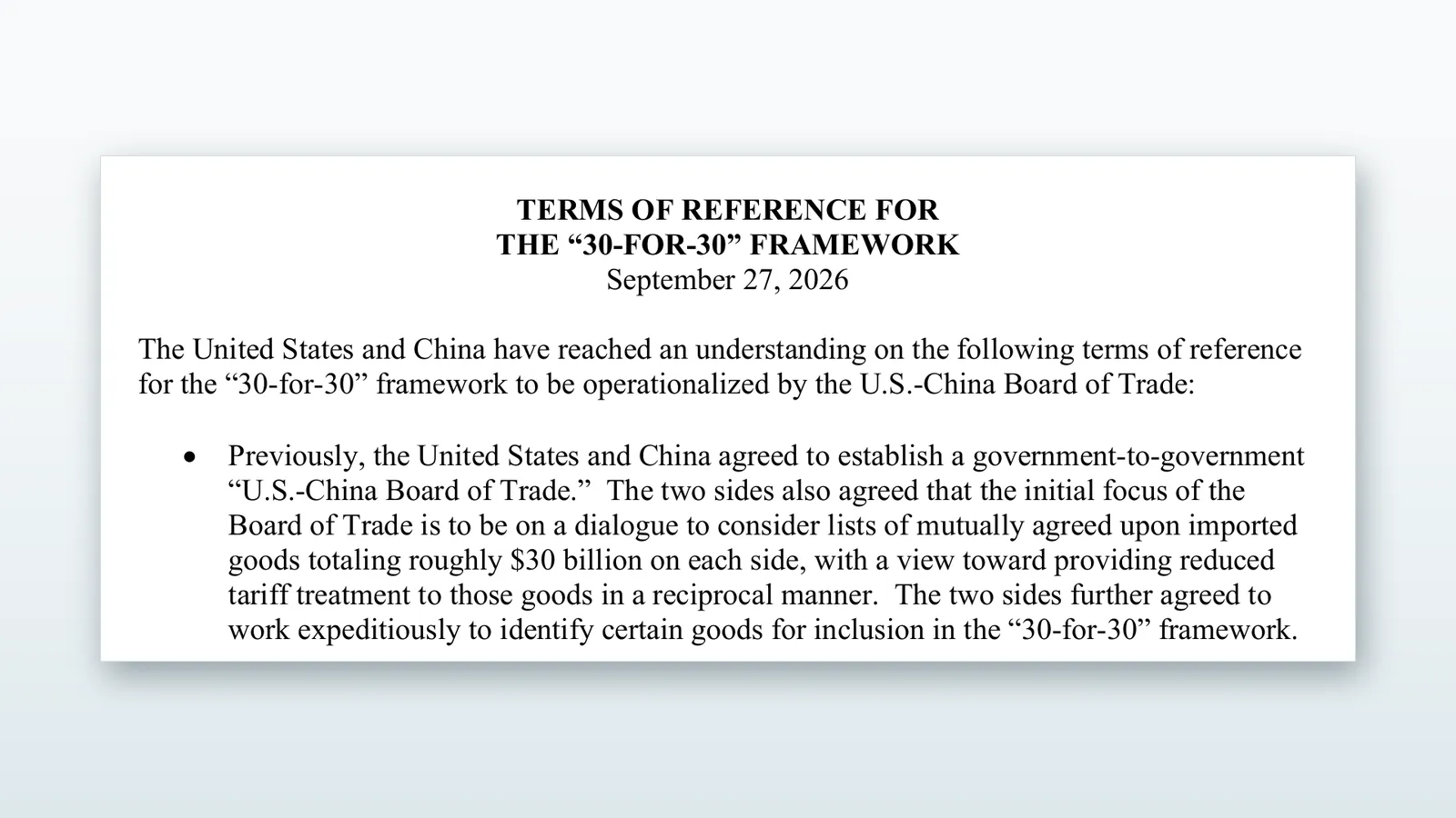First page of the Terms of Reference for the "30-for-30" framework, September 27, 2026